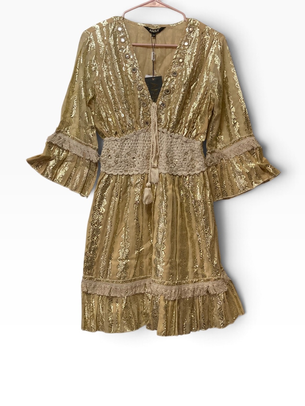 Anisa Metallic Gold Lace-Trim Mini Dress